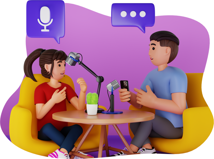 Friends Talking While Having Podcast, 3D Character Illustration